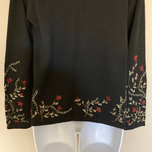 Peruvian Connection Black Floral Trim Pima Cotton Sweater Cardigan Size Large - Picture 8 of 16